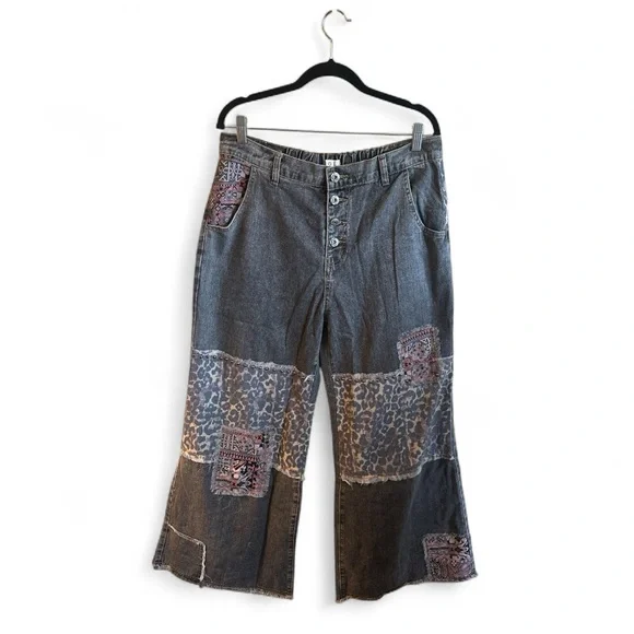 POL Studded Patch Jeans Size Large Charcoal Gray High Rise Button Fly Wide Leg - Picture 3 of 15